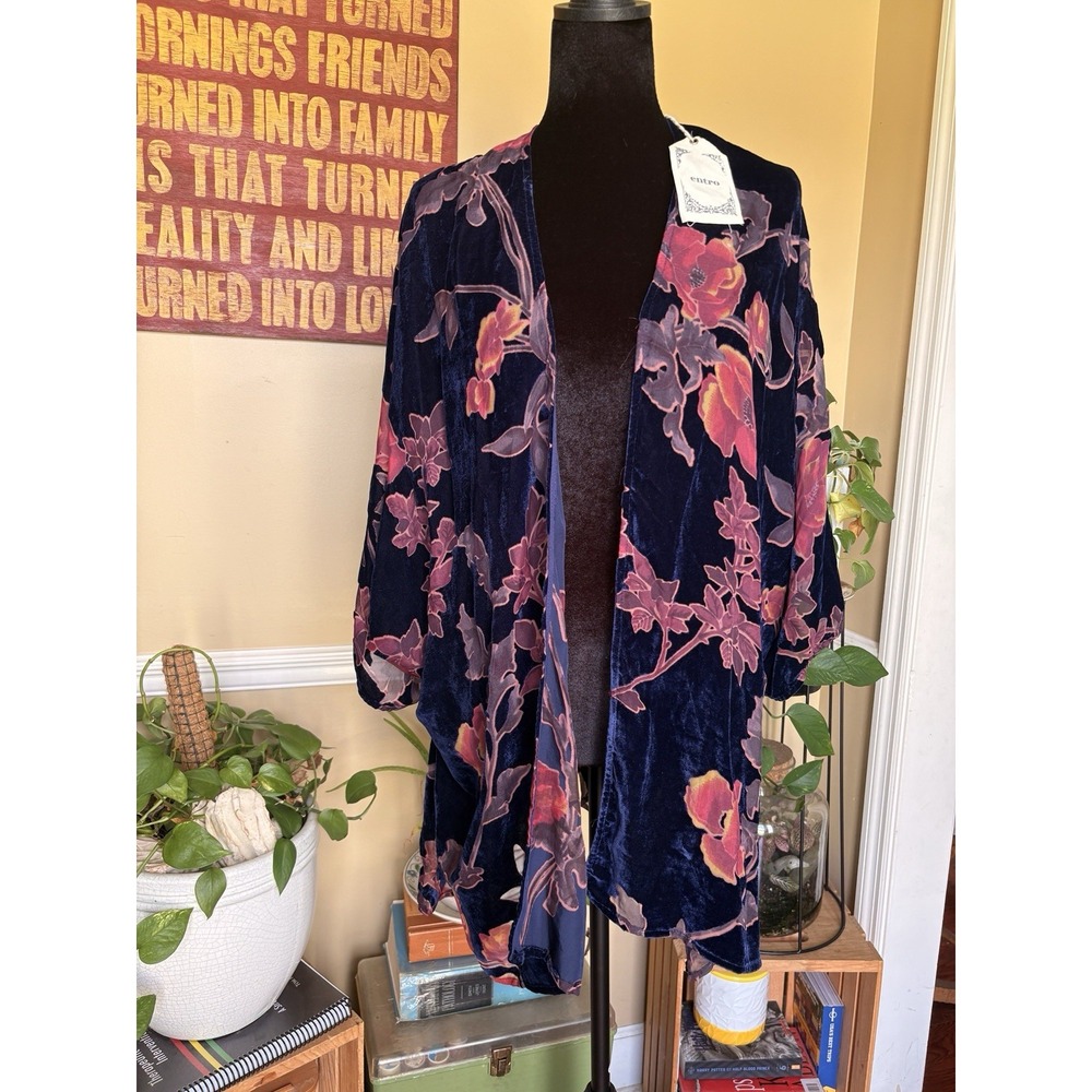 Entro Floral Velvet Burnout Kimono Jacket Navy Pink Boho Whimsigoth M/L NWT